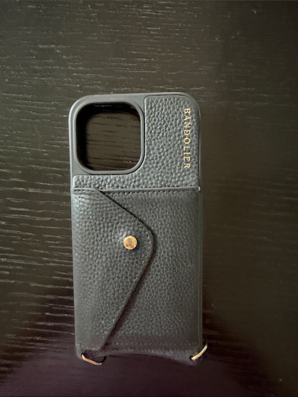 Bandolier Black Leather Card Wallet Phone Case with Gold Accent